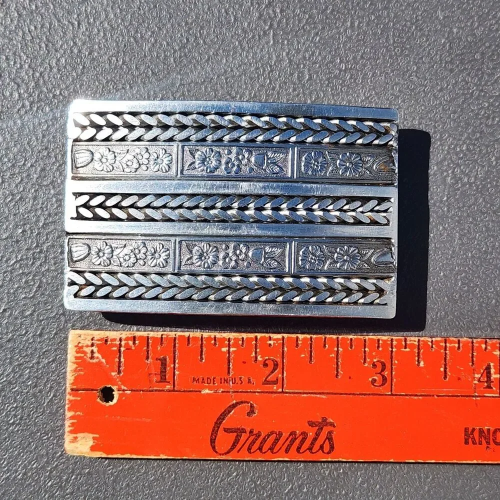 Vintage Custom Machine Shop Stainless Steel Biker Belt Buckle Floral Pattern